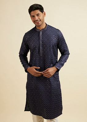 alt message - Manyavar Men Dark Blue Jaal Patterned Kurta Set image number 0